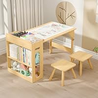 Kids Art Table and 2 Chairs Set, Kids Craft Table with Roll Paper & Storage, Height Adjustable Wooden Set for Toddlers, Activity Desk for Children Painting, Reading, Learning