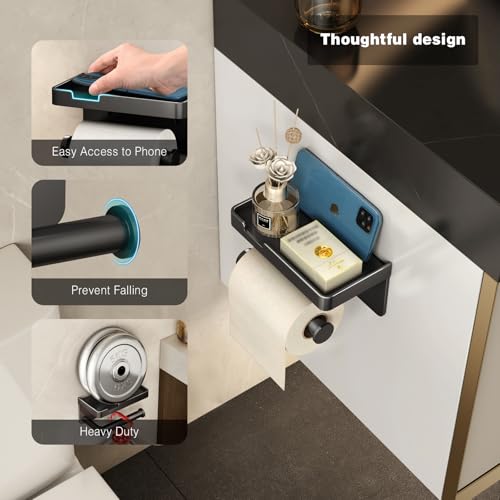 VOLDRA Toilettenpapierhalter Ohne Bohren mit Ablage, Selbstklebend Oder Schraubbar Klopapierhalter, Rostfrei & Multifunktional Badezimmer Klorollenhalter Wc Papier Halterung(Schwarz)