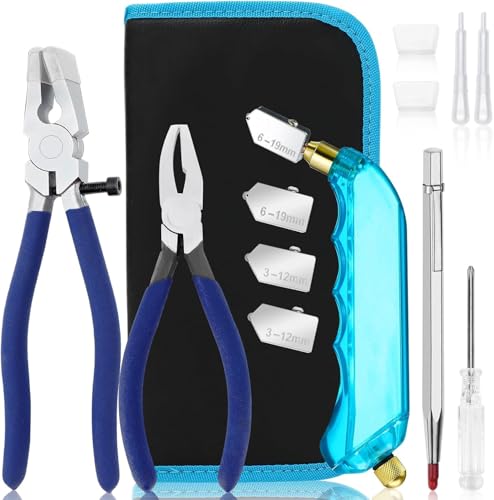 YOTINO Glass Cutting Tool Kit Includes Blue Grip Oil Feed Glass Cutter with 2 Pliers, 3 Extra Replacement Head, Tungsten Scribe Engraving Pen, Screwdriver and Oil Dropper