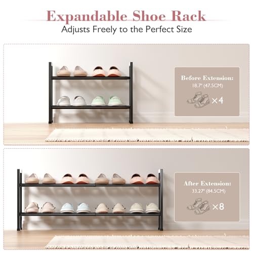 Image of Bumusty 2 Tier Expandable Shoe Rack for Closet, 18 inch-33 inch Adjustable Shoe Rack for Small Space, Small Shoe Organizer for Front Door, Sturdy Metal, Black