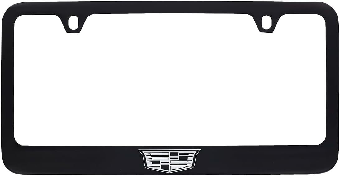 Cadillac Crest Metal License Plate Frame Tag Holder - Black Powder Coated with Exposed Chrome