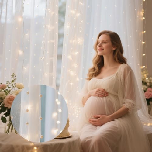 10FT Pearl White Tulle Backdrop Curtain with Lights String for Parites, Sheer Backdrop Curtains for Wedding Baby Shower Birthday Party Photo Shoot Decorations (2 Panels 10ftx5ft) by Quandjk - Used condition - Image 4