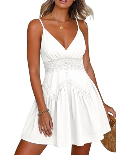 Image of ECOWISH Summer Dresses for Women 2026 V-Neck Spaghetti Strap Bowknot Backless Sleeveless Lace Mini Swing Skater Dress