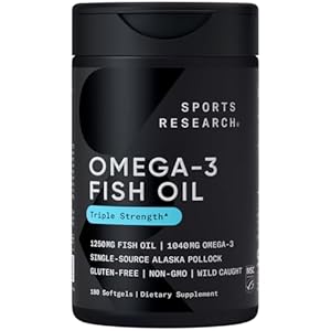 Sports Research Triple Strength Omega 3 Fish Oil – Burpless Fish Oil Supplement w/EPA & DHA Fatty Acids from Single-Source Wild Alaskan Pollock – 1250 mg, 180 ct