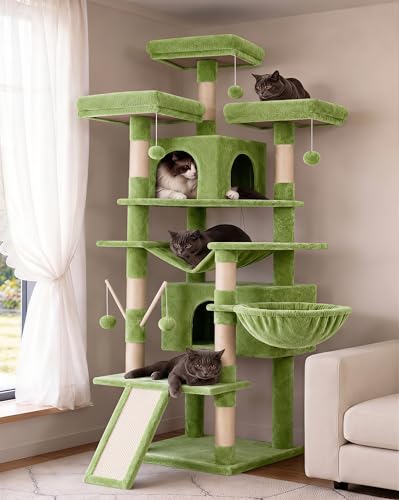 Hey-brother Cat Tree, 71 inches XL Large Cat Tower for Indoor Cats, Multi-Level Cat House with 3 Padded Perches, Big Scratcher, Cozy Basket, 2 Cat Condos and Scratching Posts, Green MPJ034GR
