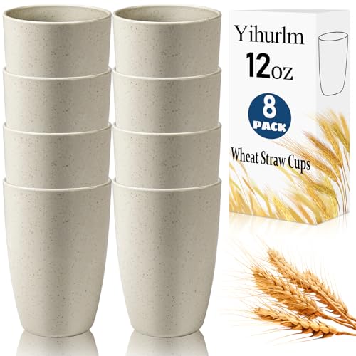 Yihurlm Wheat Straw Cups,8 PCS Unbreakable Drinking Cup,12 oz Plastic Cups Reusable,Wheat Straw Unbreakable Cup,Plastic Reusable Cups for Kitchen Camping Party,Dishwasher & Microwave Safe(Beige)