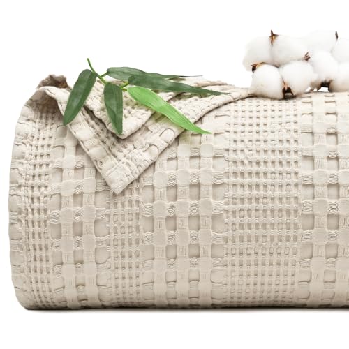 PHF Cooling Waffle Blanket California King Size, Lightweight 60% Rayon Derived from Bamboo & 40% Cotton Breathable Blanket for Hot Sleepers, Soft and Luxury for Bed Couch and Sofa, 110"x96", Linen