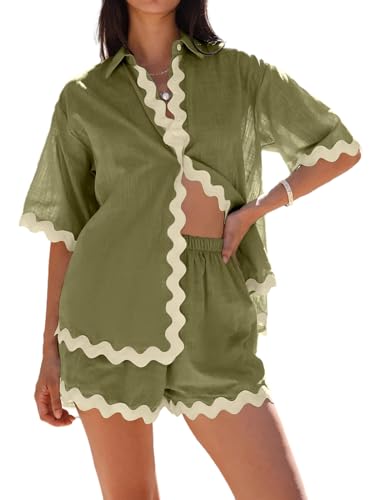 Image of Danedvi Womens 2 Piece Outfits Beach Vacation Summer Short Sleeve Button Down Shirts and Shorts Lounge Sets