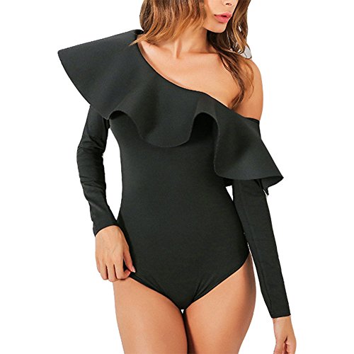 Antopmen Women's Slash Neck Long Sleeve Ruffles Bodysuit One Piece Jumpsuits (Medium, Black)