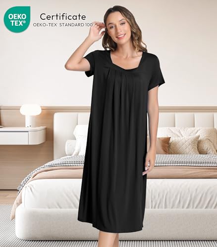 Image of NACHILA Women's Nightgowns-Viscose Made from Bamboo, Short Sleeve Sleepshirts Square Neck Sleepwear Soft Nightshirt
