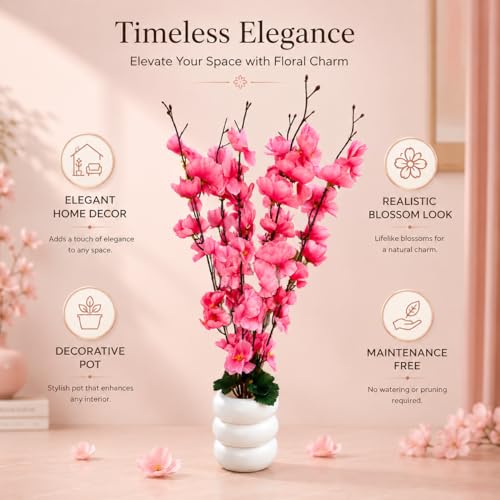 Image of Artificial Pink Flower Stems in Modern Ceramic-Style Pot Faux Blossom Arrangement for Home Decor, Living Room, Bedroom, Office Desk, Table Centerpiece & Interior Decoration