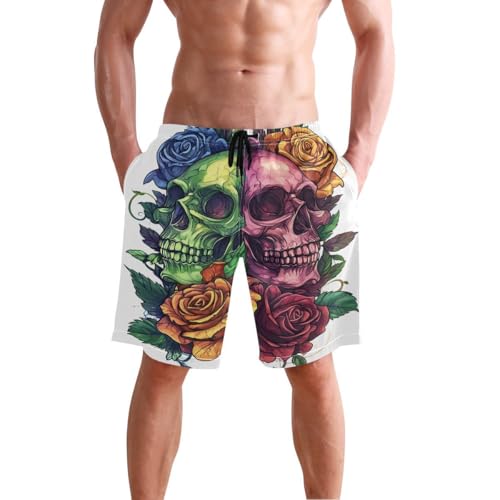 Custom Green Pink Skulls Roses Mens Swim Trunks Quick Dry Beach Shorts with Pocket S 202c0897