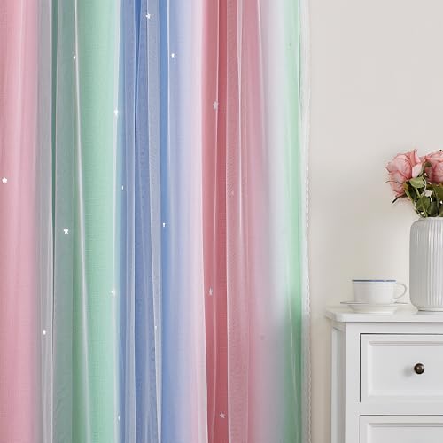 Image of XiDi Curtains for Bedroom Decor, Rainbow Pink GreenBlue52 /45 /1