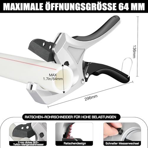 AIRAJ PVC-Rohrschneider,Kunststoff Rohrabschneider,es Kann Durchmesser bis zu 64 mm Schneiden,PEX Rohrschere,Mit Klinge aus SK5-Stahl,Geeignet für PVC/CPVC/PP/PEX/PE-Kunststoffrohre