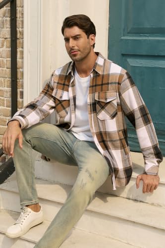 Image of Cromoncent Mens Boys Thick Flannel Shirt Long Sleeve Shirt Jacket Casual Button Down Multi Pockets Shacket