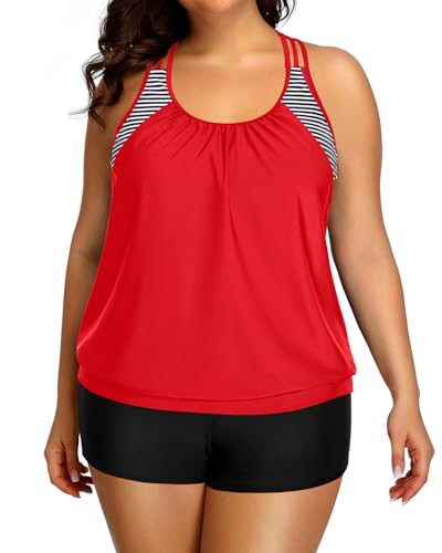 Image of Womens Plus Size Tankini Swimsuit Two Piece Tummy Control Bathing Suit | Blouson Racerback Tankini Top with Shorts, Double Up Design, Removable Pad