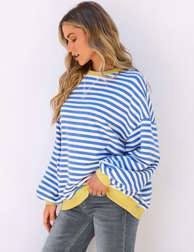 Image of UEU Women Oversized Striped Crewneck Sweatshirt Long Sleeve Color Block Pullover Tops Casual Loose Workout Shirt