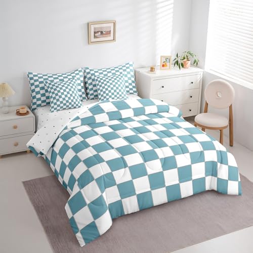 Image of Erosebridal White Blue Checkered Boys Twin Comforter Set with Sheets 7 Piece Buffalo Plaid Grid Kids Bedding Set with Sheets Teen Men Checkerboard Bed in A Bag Aesthetics Gingham Bed Set