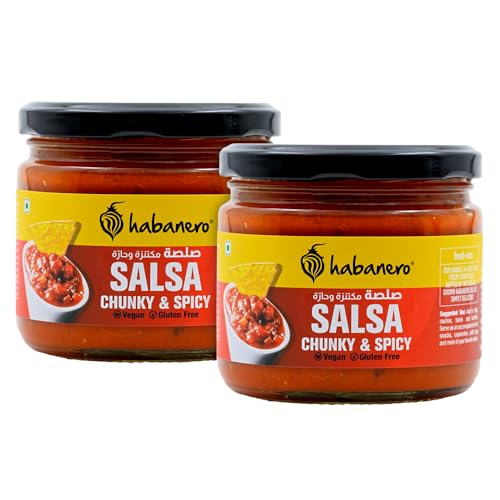 Habanero Spicy Salsa l Pack of 2 l Gluten Free l Vegan l Made In Small Batches l Made with sun ripened tomatoes, fresh onions and hopped up with locally sourced chillies| Use as spicy pizza or pasta sauce or Sandwich Spreads l Mix in cheese spread and Enjoy with Nachos Chips l Enjoy the salsa dip with Nachos, Garlic Bread, Sandwich Burger, Noodles, Momos | Replacement to tomato ketchup| 270G x 2