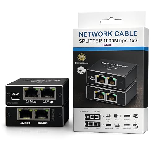 Image of Ethernet Splitter 1 to 3 Gigabit 1000Mbps - RJ45 LAN Network Adapter Hub with USB-C Power, Cat8 /Cat7 /Cat6 /Cat5e Compatible - Plug & Play Internet Cable Splitter for 3 Devices, Black ETHSP-1B3