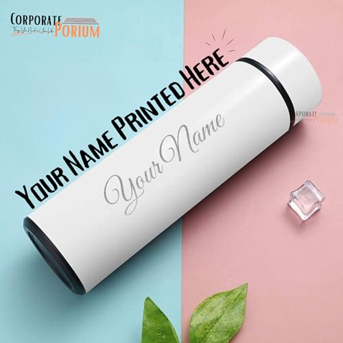 Image of CORPORATE PORIUM Your Name Printed Stainless Steel Vacuum Insulated Bottle With Tea Filter | 500 ML | Easy to Carry | Leakproof Personalized Gift Flask | Permanent Printing (White)