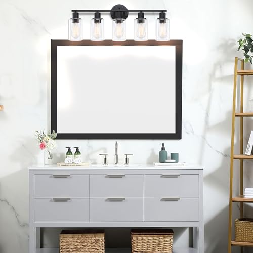Image of 5-Light Black Bathroom Vanity Light Fixture Over Mirror - 5 Bulb Black Wall Sconce for Bathroom Bedroom Hallway Wall Mount Fixture Over Kitchen Sink