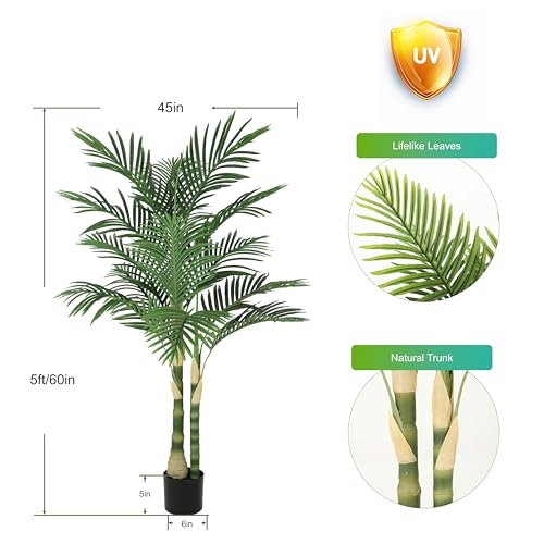 Image of Nafresh 5ft Ultra-Full UV Resistant Fake Golden Cane Palm Tree with Double Trunks, 60in Tall Artificial Palm Tree Indoor Outdoor, Faux Palm Plant for Living Room Home Office Patio Garden Decor