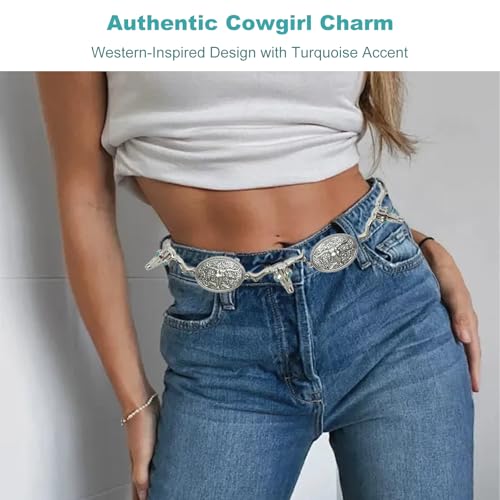 Cowboy Chain Belts for Women Western Silver Belt with Turquoise Accents Cowgirl Bull and Horseshoe Waist Belt Gold Corset Style Dress Belt Plus Size Womens Outfits Fit Waist Size Below 44"4