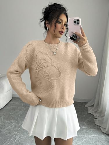 Image of Verdusa Women's Spring 3D Flower Appliques Crewneck Sweaters Long Sleeve Drop Shoulder Pullovers Knit Going Out Tops