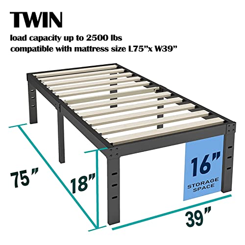 Auroral Twin Bed Frame 18 Inches Tall 3 Inches Wide Wood Slats 2500 Pounds Support For Foam Mattress Foundation/No Box Spring Needed/Underneath Storage/Noise Free/Easy Assembly-Black #TOP2