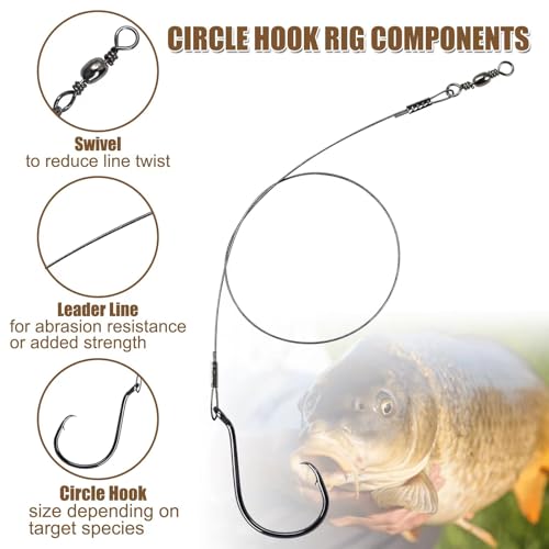 CWSDXM Circle Hooks Rigs, 15pcs Fishing Leader Rigs with Steel Leader Wire and Circle Hooks 1/0 2/0 3/0 4/0 5/0 6/0 7/0 8/0 9/0 10/0 for Bass, Catfish Fishing (1/0) — view 2