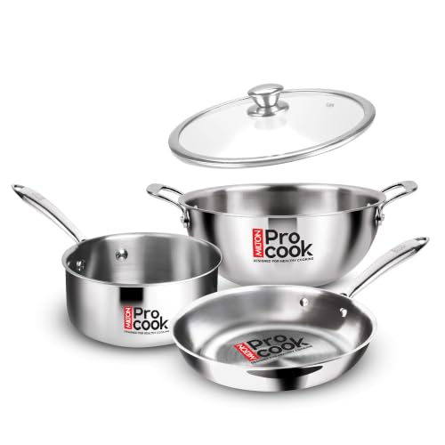 Image of MILTON Pro Cook Induction Cookware & Gas Stove Friendly Triply Stainless Steel 4 Pcs Cookware Set | 22cm Kadai With Glass Lid, 22cm Fry Pan & 14cm Saucepan | Even Heating | ISI Certified | 3Y Warranty