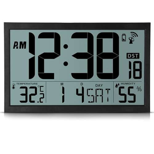Sukeen LCD Radio Controlled Wall Clock - Large Digital Battery Operated, 16.7 Desk Atomic Clock With Temperature, Humidity, Date, Day, DST for Home Office School (MSF, UK Version)