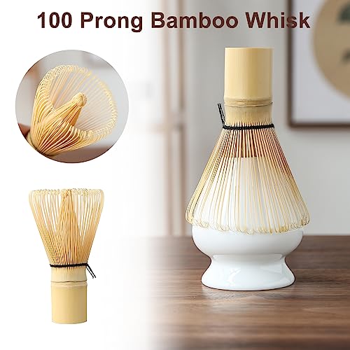 Matcha Set, Matcha Whisk And Bowl Ceremony Accessory Kit- Pink Stripe Ceramic Bowl, Matcha Whisk, White Whisk Holder, Traditional Scoop, Perfect Set To Prepare A Traditional Cup Of Matcha #TOP3