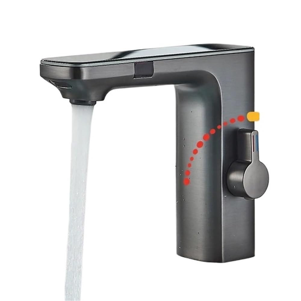 QHQQXN Rubinetto Intelligente con sensore touchless e Display Digitale - Miscelatore da Bagno in Ottone Grigio per Acqua Calda e Fredda - Rubinetto per lavabo Moderno Automatico Touch- per Maggiore