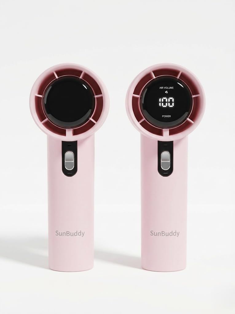 SunBuddy Portable Handheld Fan with LED Display – USB-C Rechargeable Mini Fan, Adjustable Speed Control, Quiet Personal Cooling Fan with Wrist Strap for Travel, Gym & Office (Pink)
