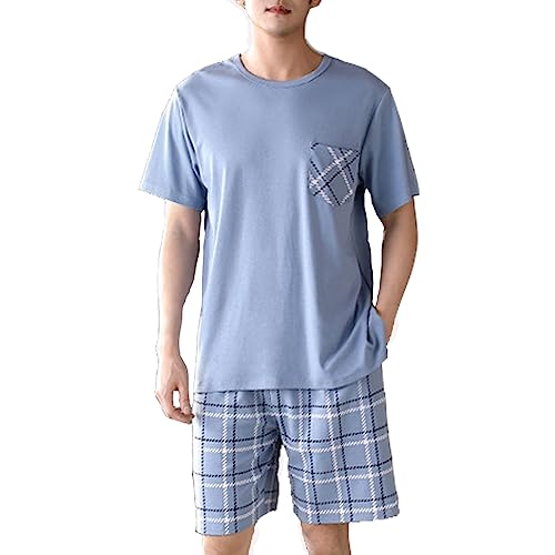 Men's Cotton Short Sleeve Pajamas Sleepwear Adult Casual Shorts & Shirt PJ Set Summer Tee