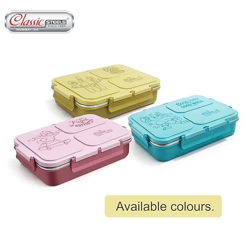 Image of Classic Steels Insulated 3-Compartment Stainless Steel Lunch Box for Kids & Adults | Leak-Proof Bento Box with Silicone Seal | BPA-Free & Food Grade, Yellow