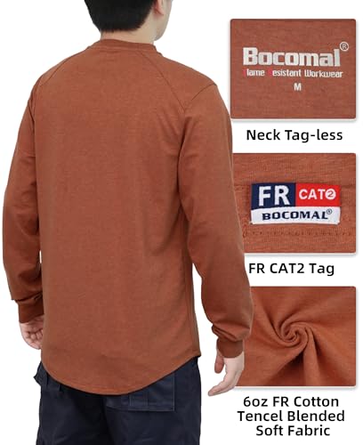Image of BOCOMAL FR Shirts for Men Long Sleeve EX Soft Flame Resistant Henley CAT2 | NFPA2112 6oz Midweight Cotton Knit Heather Series,Moisture-Wicking /Breathable,Chest Pocket,Rib-Knit Cuffs,Summer Work T Shirt