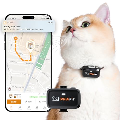 Pawfit Lite for Cats 4G GPS Tracker | World’s Smallest (<18g) | Real-Time Tracking | Activity Monitoring | Territory and Location History | Unlimited Range | Safety Collar Included | Onyx black