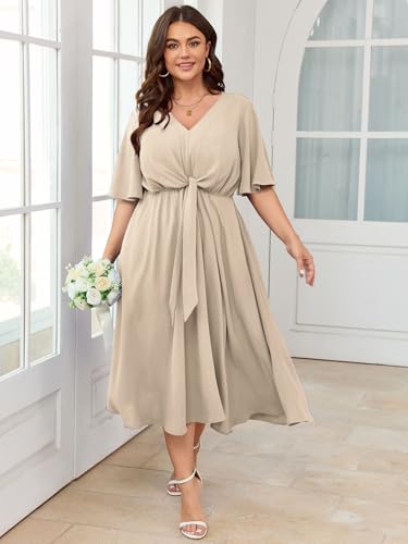 Image of SCOMCHIC Women Plus Size Midi Dresses Wedding Guest Short Sleeve V Neck Tie Waist Casual Summer Flowy A Line Dress