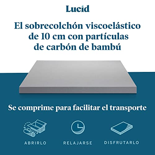 LUCID Sobrecolchon viscoelastico 160x200 cm | Con partículas de Carbón de Bambú | Grosor 10 cm |Topper para colchon - imagen 2