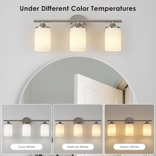 Image of Jonsi Nickel Bathroom Light Fixtures 3-Light Vanity Lights Modern Wall Sconce with Milk White Shade Brushed Nickel Bathroom Light Fixture Over Mirror for Bedroom Hallway Kitchen