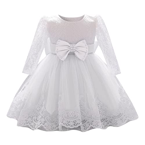 Vestido Bautizo Bebe Niña Vestidos de Encaje de Tul para Niñas Vestidos de Fores de Bowknot Y Perlas Ropa Recien Nacido de Manga Larga Vestido Dama de Honor Concurso de Bodas Boda Baile 0-24 Meses