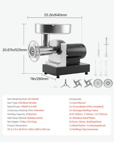Image of VEVOR Commercial Meat Grinder, 21 Lbs /Min Capacity, #32 Electric Meat Mincer with 3 Plates, 3 Sausage Stuff Tubes, 1100W /1.5HP Stainless Steel Sausage Maker for Home Kitchens & Restaurants, ETL Listed