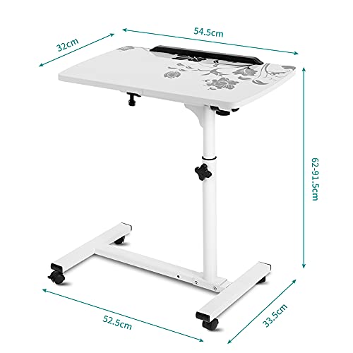 Tavolino Portatile per Computer con Ruote, Altezza Regolabile, Forma a C, Struttura in Metallo, per Letto e Divano, Uso Domestico e Ufficio, Bianco