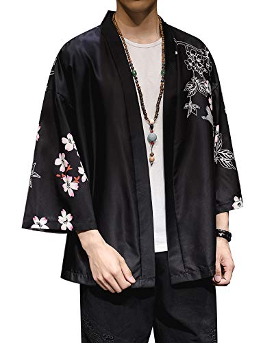 PRIJOUHE Men's Kimono Cardigan Jacket Japanese Style Flying Crane Seven Sleeves Open Front Coat Black