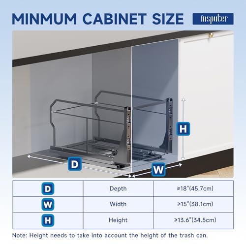 Image of Insputer Pull Out Trash Can Under Cabinet with Push to Open Slide, Grey | Soft-Close Slide, Heavy Duty, Not Included Bin, Under Sink Garbage Can Kit for Kitchen, Laundry, Requires 15 inchW X 18 inchD Cabinet