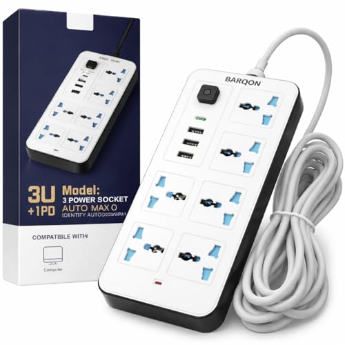Universal Extension Lead with UK 3 Pin Socket Outlet with 6 Gang sockets | 3 USB Port | 1 Type-C Port 3M Wire Electric Socket Mains Strip for Home Kitchen and Office