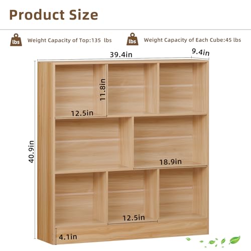 LEYAOYAO 8 Cube Bookshelf with Base,3 Tier Mid-Century Modern Natural Bookcase,Standing Wide Bookshelves Storage Organizer Shelf,Rustic Wood Display Cabinet Book Shelves for Bedroom,Living Room,Office